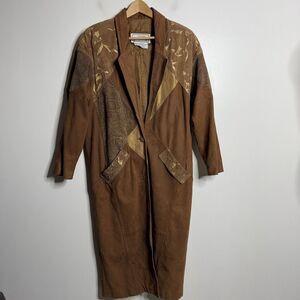 Womens Leather Jacket Size Small Brown Belted Trench Spy Coat Button Up‎ Vintage